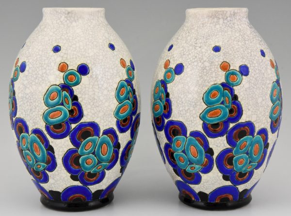 Pair of Art Deco craquelé vases with stylized flowers
