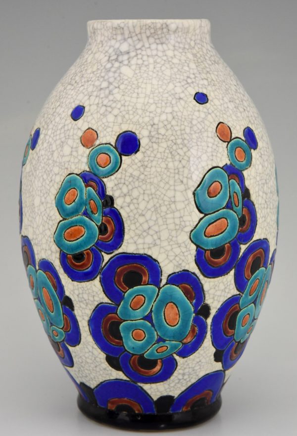 Vases Art Déco en craquelé aux fleurs stylisées