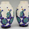 Pair of Art Deco craquelé vases with stylized flowers