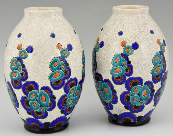 Pair of Art Deco craquelé vases with stylized flowers