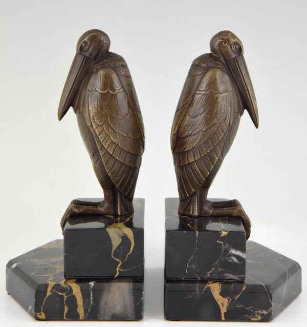 Art Deco bronze bookends with marabou stork birds.