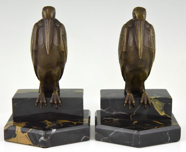 Art Deco bronze bookends with marabou stork birds.