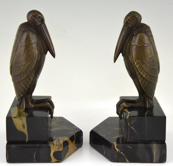 Art Deco bronze bookends with marabou stork birds.