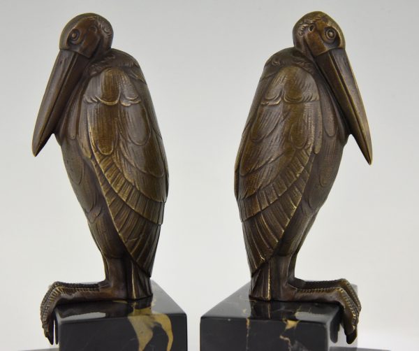 Art Deco bronze bookends with marabou stork birds.