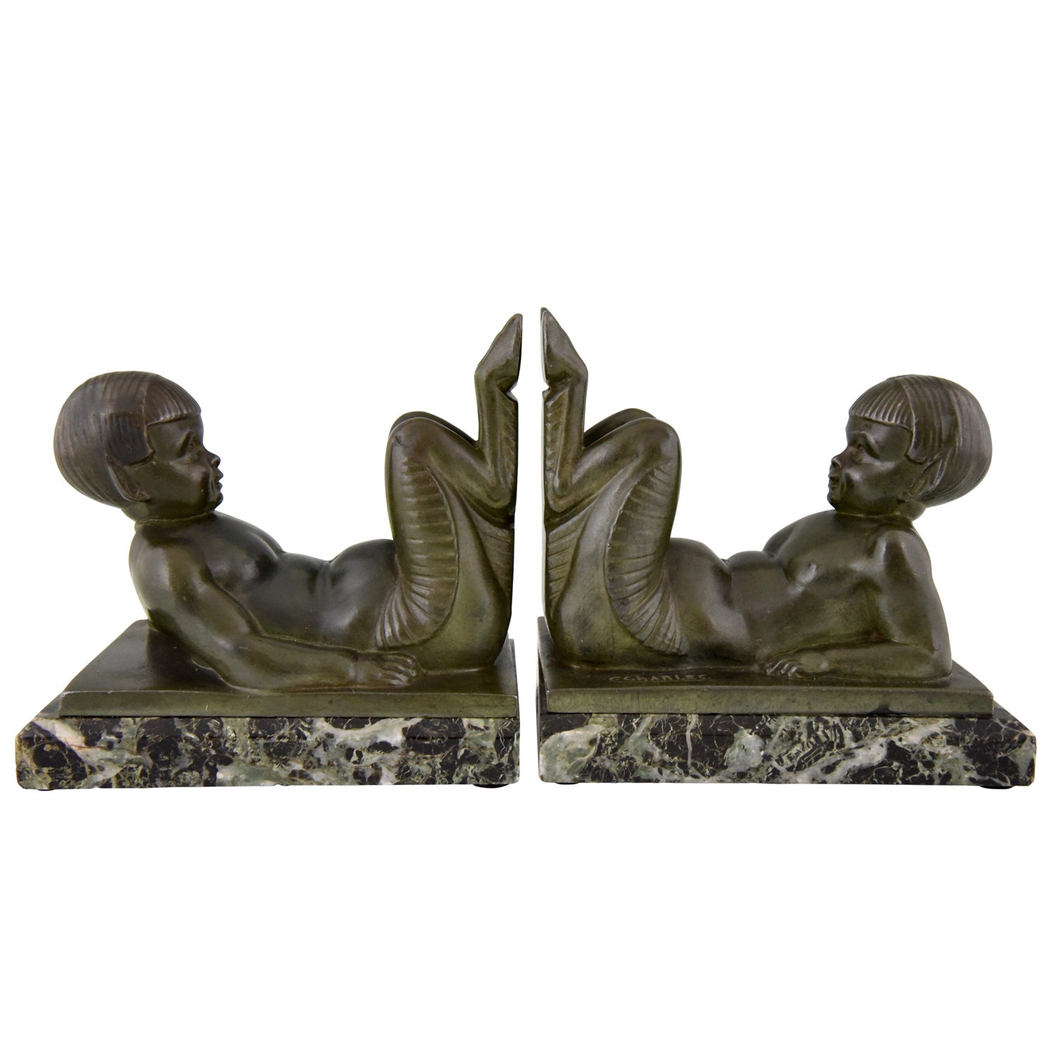 French Art Deco bookends with lying satyrs