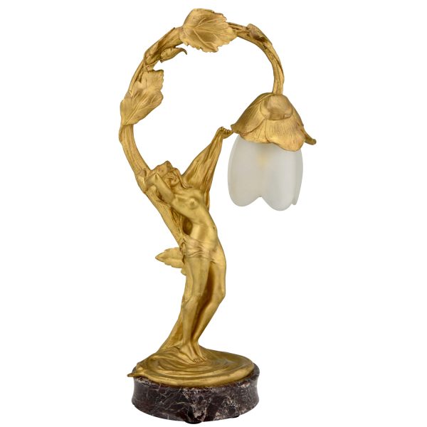 Art Nouveau lampe en bronze doré femme nue au fleur