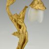 Art Nouveau lampe en bronze doré femme nue au fleur