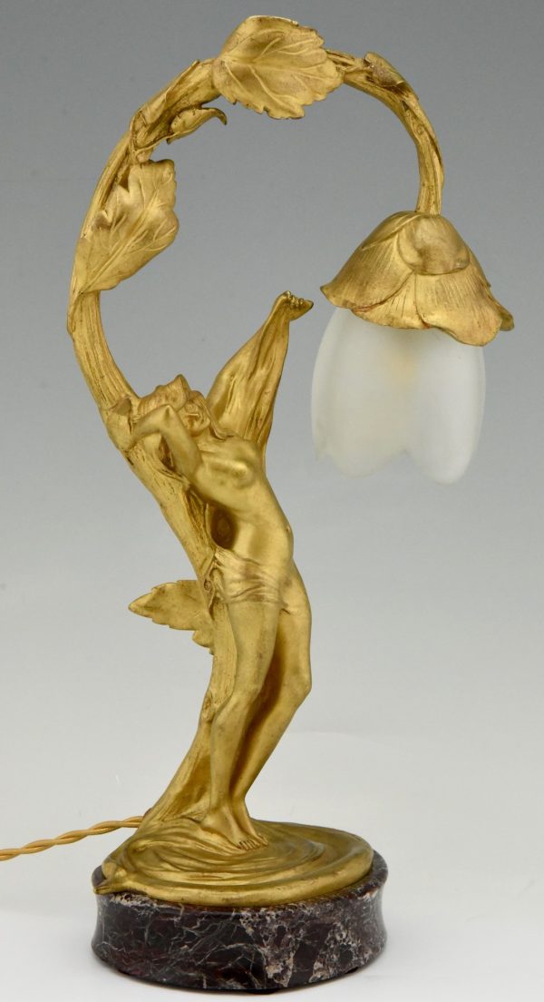 Art Nouveau lampe en bronze doré femme nue au fleur