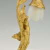 Art Nouveau verguld bronzen lamp naakte vrouw met bloem