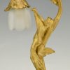 Art Nouveau lampe en bronze doré femme nue au fleur