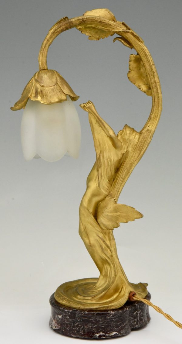 Art Nouveau verguld bronzen lamp naakte vrouw met bloem