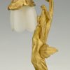 Art Nouveau lampe en bronze doré femme nue au fleur