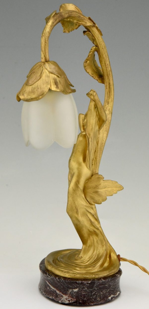 Art Nouveau lampe en bronze doré femme nue au fleur