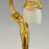 Art Nouveau lampe en bronze doré femme nue au fleur