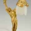 Art Nouveau verguld bronzen lamp naakte vrouw met bloem