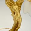 Art Nouveau lampe en bronze doré femme nue au fleur