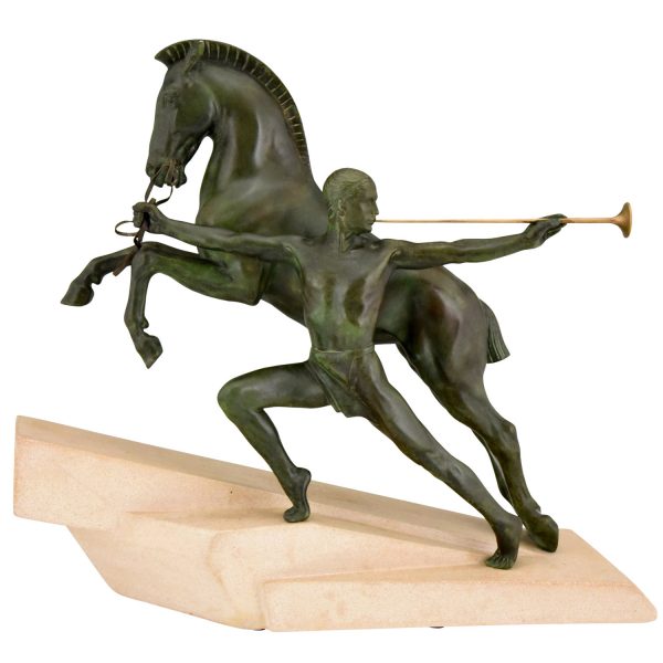 The Call Art Deco sculpture man with trumpet and horse