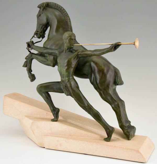 The Call Art Deco sculpture man with trumpet and horse