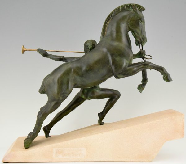 The Call Art Deco sculpture man with trumpet and horse