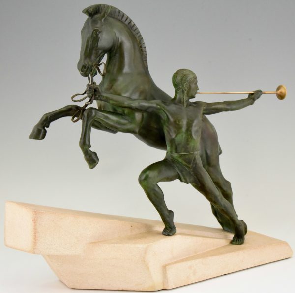 The Call Art Deco sculpture man with trumpet and horse