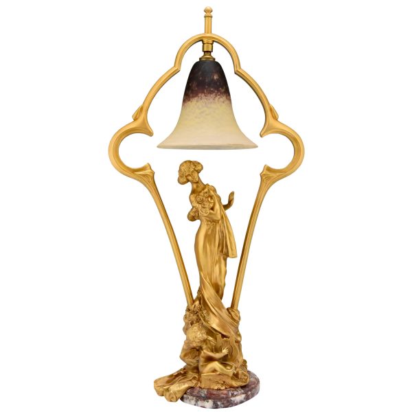 Art Nouveau gilt bronze lamp with lady and cupid