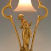 Jugendstil Lampe Bronze vergoldet Frau und Amor