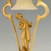 Art Nouveau gilt bronze lamp with lady and cupid
