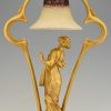 Art Nouveau gilt bronze lamp with lady and cupid