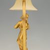 Art Nouveau gilt bronze lamp with lady and cupid