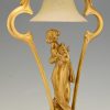 Art Nouveau gilt bronze lamp with lady and cupid