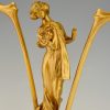 Art Nouveau gilt bronze lamp with lady and cupid