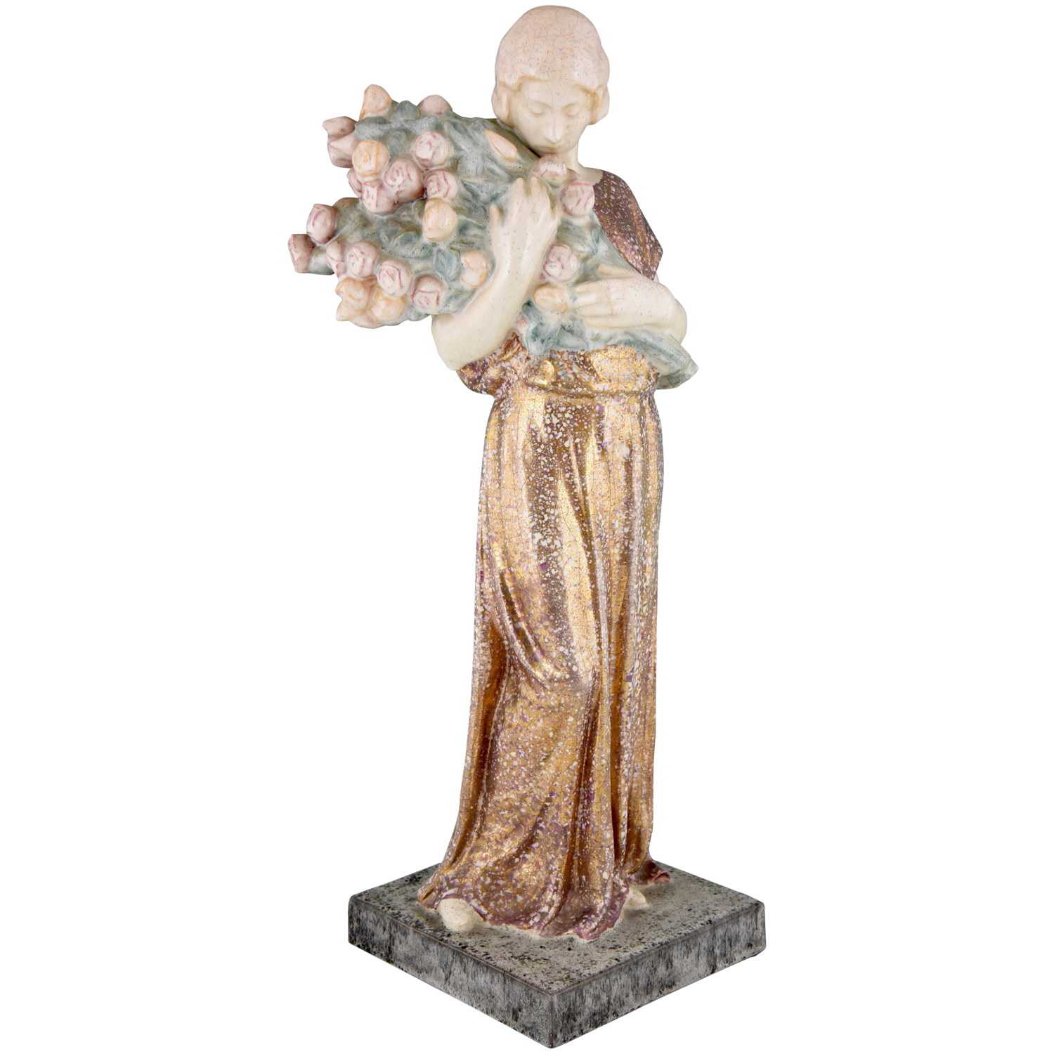 Art Deco ceramic sculpture woman with flowers.