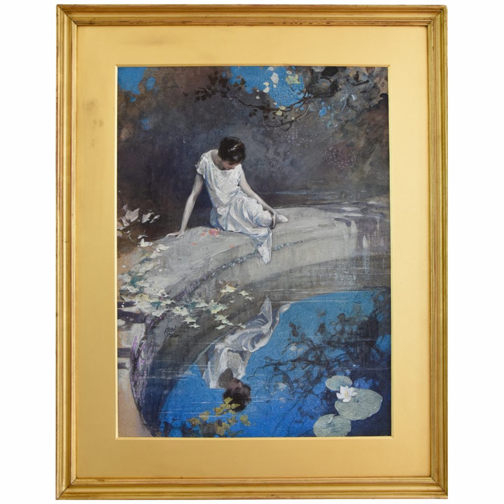 Watercolor painting lady at the pond - Deconamic