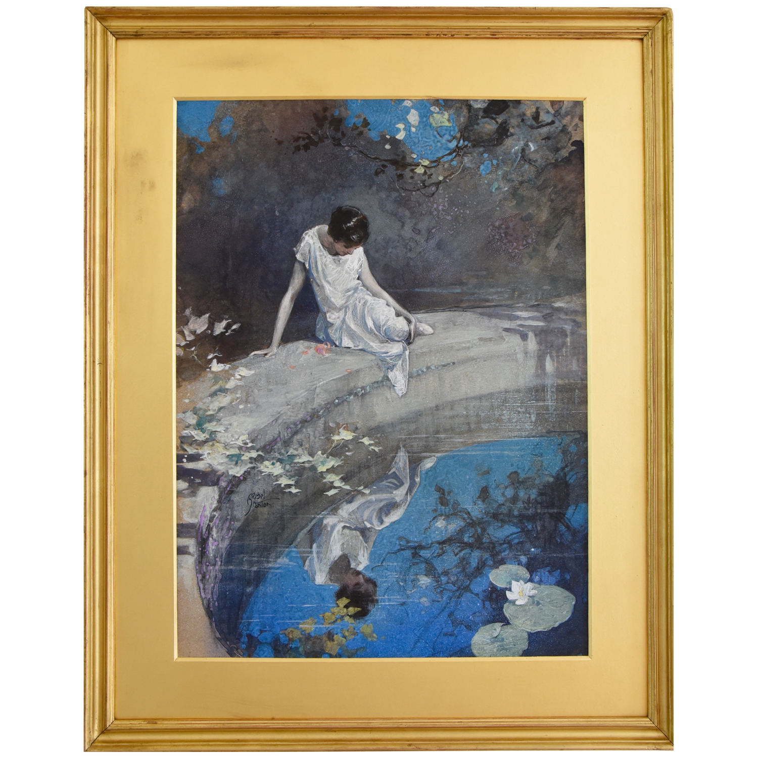 Watercolor painting lady at the pond