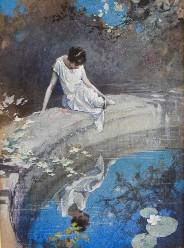 Watercolor painting lady at the pond