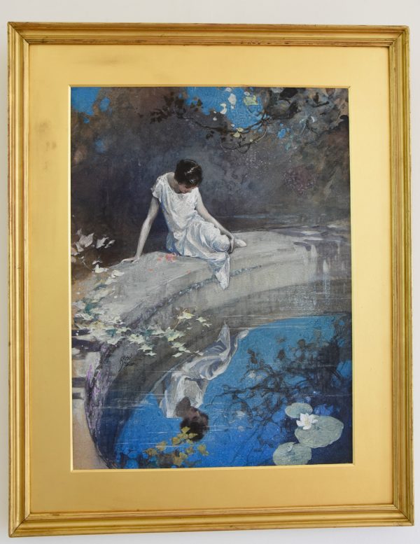 Watercolor painting lady at the pond