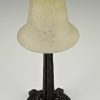 Art Deco wrought iron and glass table lamp.