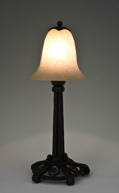 Art Deco wrought iron and glass table lamp. Deconamic