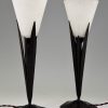 Pair of Art Deco table lamps glass and wrought iron