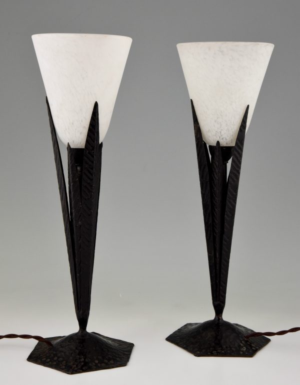 Pair of Art Deco table lamps glass and wrought iron