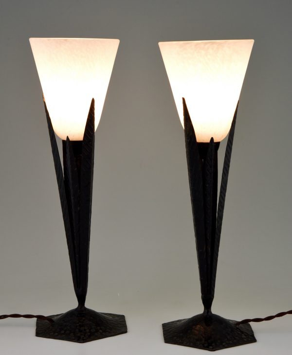 Pair of Art Deco table lamps glass and wrought iron