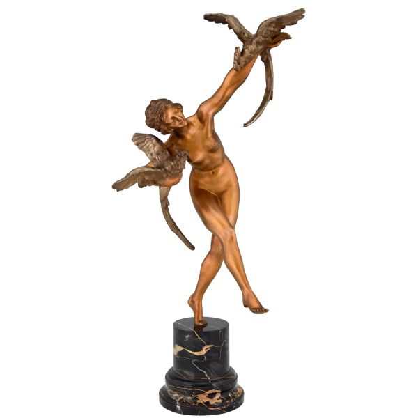 Art Deco bronzen sculptuur dansend naakt met papegaaien