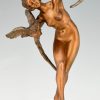 Art Deco bronzen sculptuur dansend naakt met papegaaien