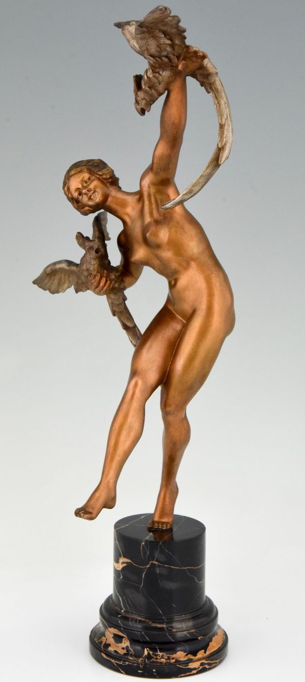 Art Deco bronzen sculptuur dansend naakt met papegaaien