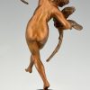 Art Deco bronze sculpture dancing nude with parrots