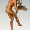 Art Deco bronze sculpture dancing nude with parrots