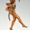 Art Deco bronze sculpture dancing nude with parrots