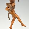 Sculpture en bronze Art Deco danseuse nue aux perroquets