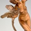 Art Deco bronze sculpture dancing nude with parrots