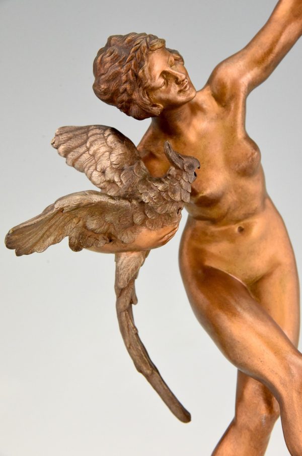 Art Deco bronze sculpture dancing nude with parrots